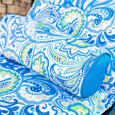 Deux coussins pour chaise longue 195x60 cm avec motif arabesque et deux traversins, résistants aux UV, pour bains de soleil.