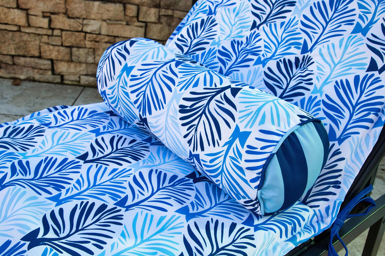LOT de 2 Coussins pour Chaise Longue & Transat 195/60cm + 2 Traversin - AntiUV et Imperméable - Motif Feuillage Bleu - Deco-arts.fr