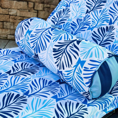 Lot de 2 coussins pour chaise longue 195x60 cm avec motif feuillage bleu et 2 traversins, anti-UV pour bains de soleil.