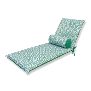 Matelas Transat 195x60 Motif Éventails Verts + Traversin - Anti-UV & Déperlant