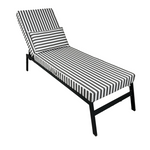 Matelas transat de bain de soleil gris foncé à rayures, épais 10cm avec têtière, déhoussable pour confort et style.