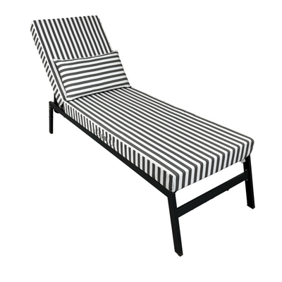 Matelas transat de bain de soleil gris foncé à rayures, épais 10cm avec têtière, déhoussable pour confort et style.