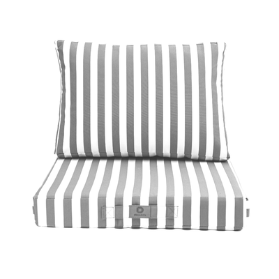 Ensemble de coussins de salon de jardin gris clair à rayures, pour fauteuils et canapés, avec assise et dossier, 50x50 cm.