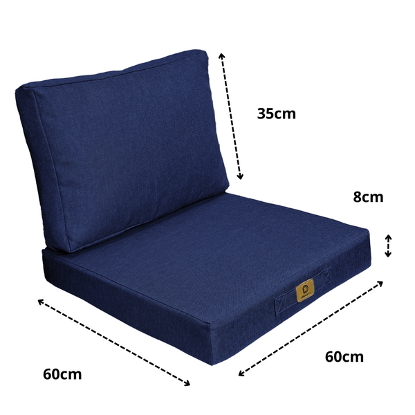 Ensemble de coussins pour fauteuils en lin bleu indigo, déhoussables, pour assise et dossier, style élégant et confortable.