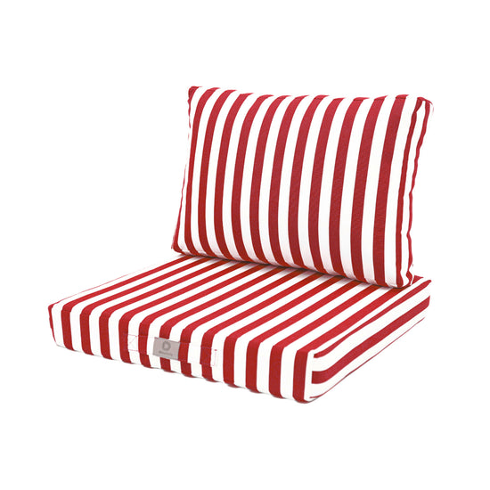 Ensemble de coussins de salon jardin 60x60 cm rayure rouge, assise et dossier, en tissu 270g, pour fauteuils et canapés.