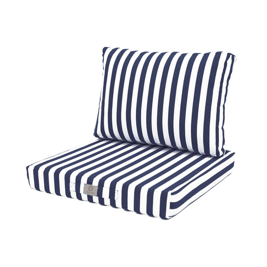 Ensemble de coussins de salon jardin 60x60 cm rayure bleu marine pour fauteuils et canapés, avec assise et dossier, tissu 270g.
