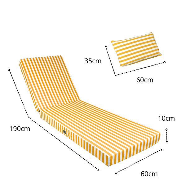 Matelas transat premium pour bains de soleil, rayures jaunes, épais 10cm, têtière, déhoussable, pour relaxation extérieure.