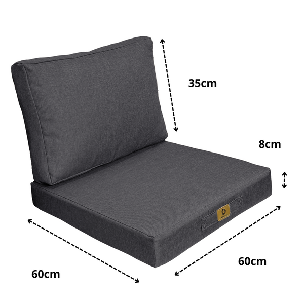 Ensemble de 2 coussins pour fauteuils gris chiné, déhoussables, effet lin, 60x60 cm, pour assise et dossier.