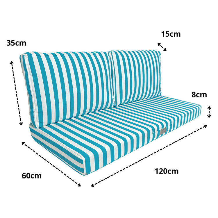 Coussins pour salon de jardin déhoussable 120x60cm - Rayure Turquoise - Deco-arts.fr