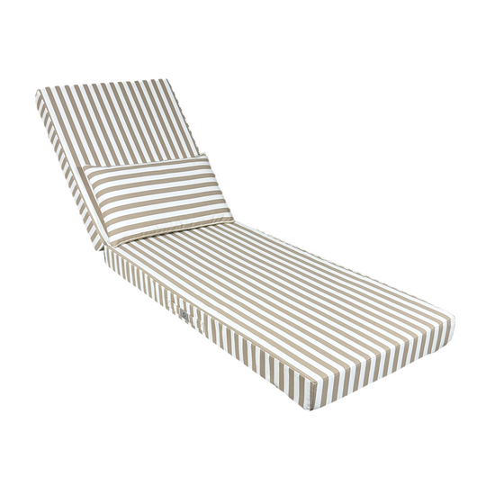 Beige striped sun lounger matelas transat premium 190x60cm with 10cm thickness and removable headrest, designed for outdoor relaxation.
