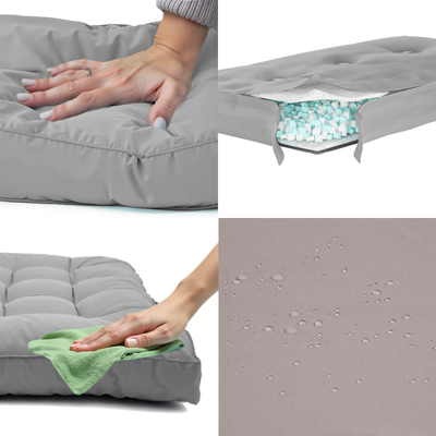 Ensemble de 3 coussins capitonnés gris galet pour banquette, épais 15cm, comprenant 1 assise et 2 dossiers, pour fauteuils et canapés.