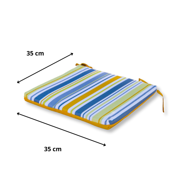 Set de 4 galettes de chaise 35x35 cm avec motif rayures solaires, confortables avec attaches pour fauteuils et canapés.
