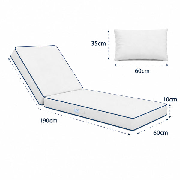 Colchoneta Premium para Tumbona 190x60 Blanco - Grueso 10cm & Reposacabezas (Funda Extraíble)