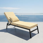 Matelas transat de bain de soleil jaune rayé, épais 10cm avec têtière, déhoussable, pour relaxation en extérieur.