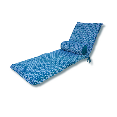 Matelas transat 195x60 cm avec motif géométrique vert, traversin, pour bains de soleil, anti-UV et déperlant.
