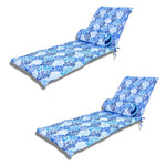 Deux coussins pour chaise longue 195x60 cm avec motif feuillage bleu et deux traversins, résistants aux UV, pour bains de soleil.