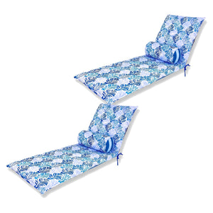 Lote de 2 Cojines para Tumbona 195x60 Motivo Follaje Azul + 2 Travesaños - Anti-UV