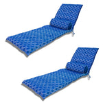 Deux coussins pour chaise longue nautiques bleu avec traversins, anti-UV, conçus pour bains de soleil élégants et confortables.