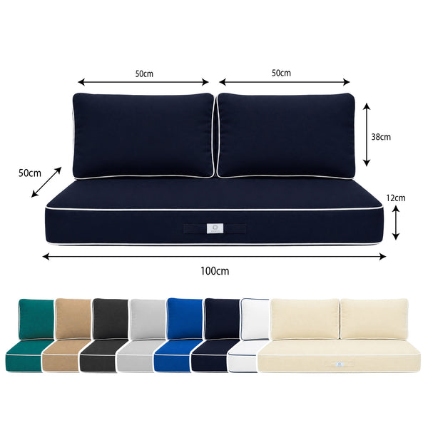 Conjunto de Cojines Premium 100x50 Azul Marino - 1 Asiento + 2 Respaldos (Grueso 12cm & Passepoil)