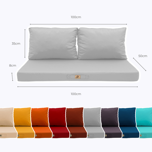 Ensemble de 3 coussins de salon jardin gris galet, déhoussables, anti-UV pour fauteuils et canapés, dimensions 100x50 cm.