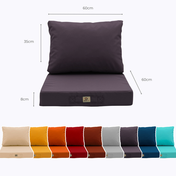 Ensemble de coussins de salon jardin gris carbone pour fauteuils et canapés, déhoussables et anti-UV, 60x60 cm.