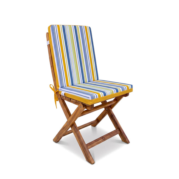 Coussin de chaise haut dossier motif Rayures Solaires installé sur une chaise pliante en bois