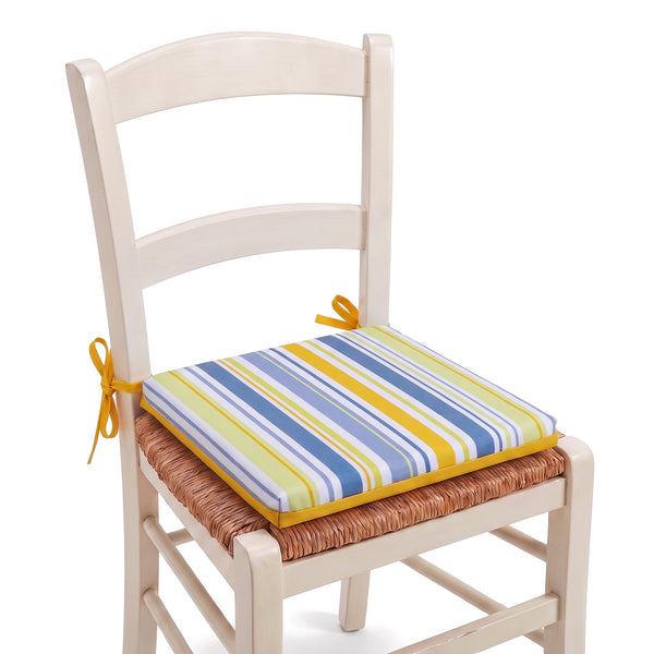 Galette de chaise 35x35 Motif Rayures Solaires nouée sur une chaise
