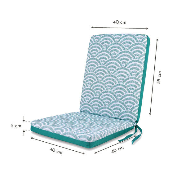 Cojín de silla de respaldo alto, Motivo Abanicos Verdes – asiento 40 x 40 cm, respaldo 55 x 40 cm, 5 cm de grosor