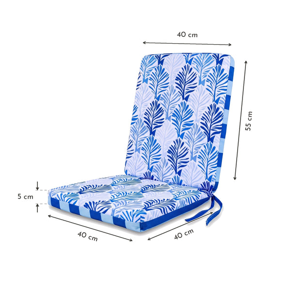 Coussin de chaise haut dossier motif Feuillage Bleu – assise 40 x 40 cm, dossier 55 x 40 cm, épaisseur 5 cm