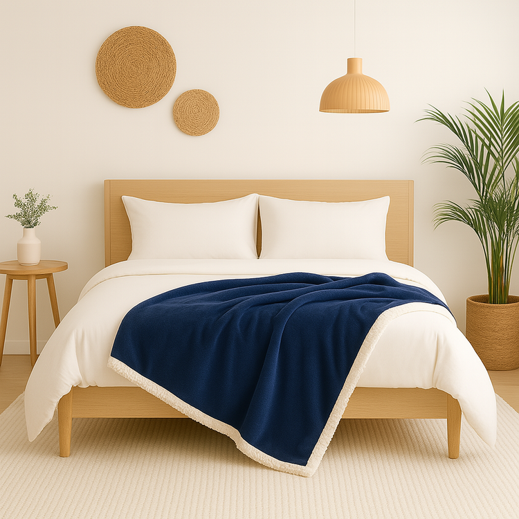 Plaid Sherpa Flanelle 480GSM 150X200 Bleu marine DECO ARTS - Deco-arts.fr