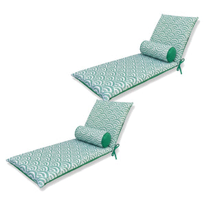 Lot 2 Coussins Chaise Longue 195x60 Motif Éventails Verts + 2 Traversins - Anti-UV