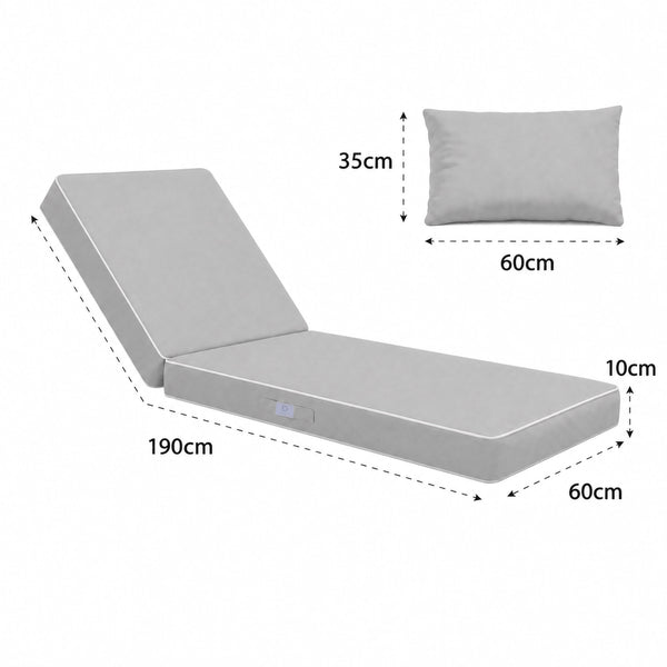 Colchoneta Premium para Tumbona 190x60 Gris Claro - Grueso 10cm & Reposacabezas (Funda Extraíble)