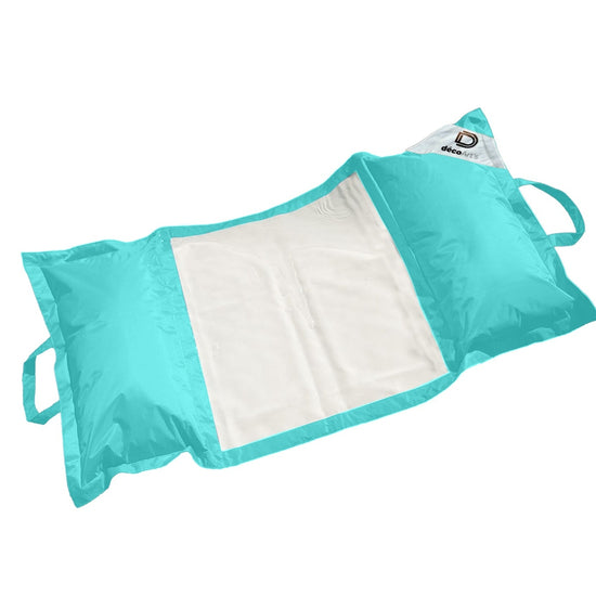 Pouf flottant piscine XXL 170x90 cm bleu Caraïbes, matelas hamac à billes pour extérieur, confort adulte.