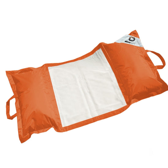 Pouf flottant piscine XXL orange Deco-arts.fr, matelas hamac à billes pour confort adulte, extérieur.