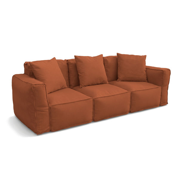 Tres sillones modulares Terracota unidos con cremallera en un sofá de 3 plazas