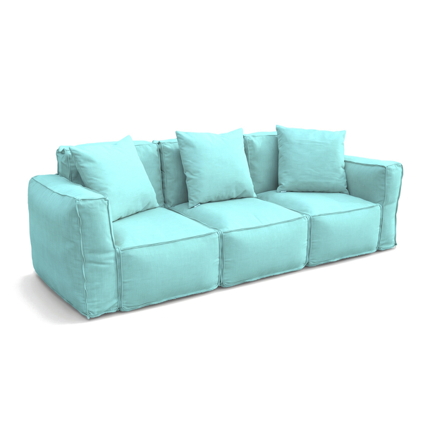Tres sillones modulares Azul Caribe unidos con cremallera en un sofá de 3 plazas