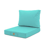 Ensemble de coussins de salon de jardin 50x50 cm bleu Caraïbes, déhoussables et anti-UV pour fauteuils et canapés.