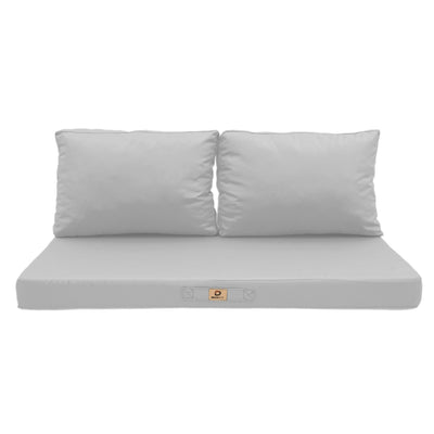 Ensemble de coussins gris galet pour salon jardin, déhoussables et anti-UV, comprenant une assise et deux dossiers.