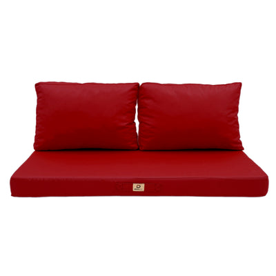 Ensemble de coussins de salon de jardin rouge Deco-arts.fr, déhoussables et anti-UV, pour fauteuils et canapés.