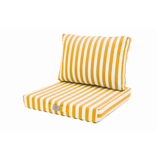 Ensemble de coussins pour salon de jardin rayure jaune, assise et dossier en tissu 270g, pour fauteuils et canapés.