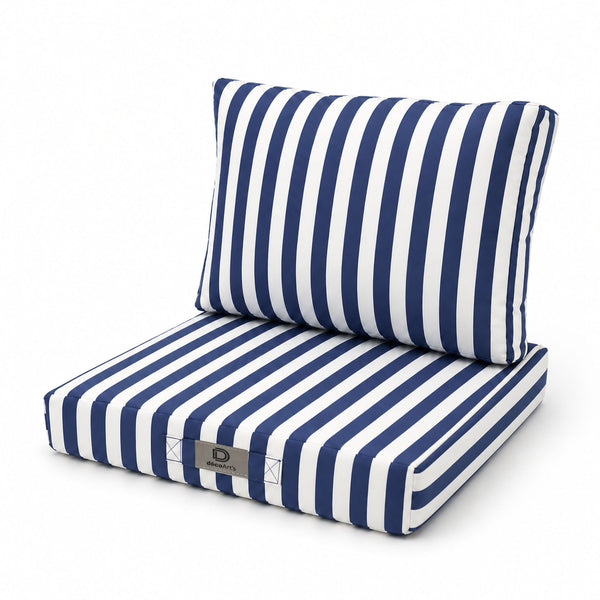 Ensemble Coussins Salon Jardin 50x50 Rayure Bleu Marine - Premium 270g (Assise + Dossier)