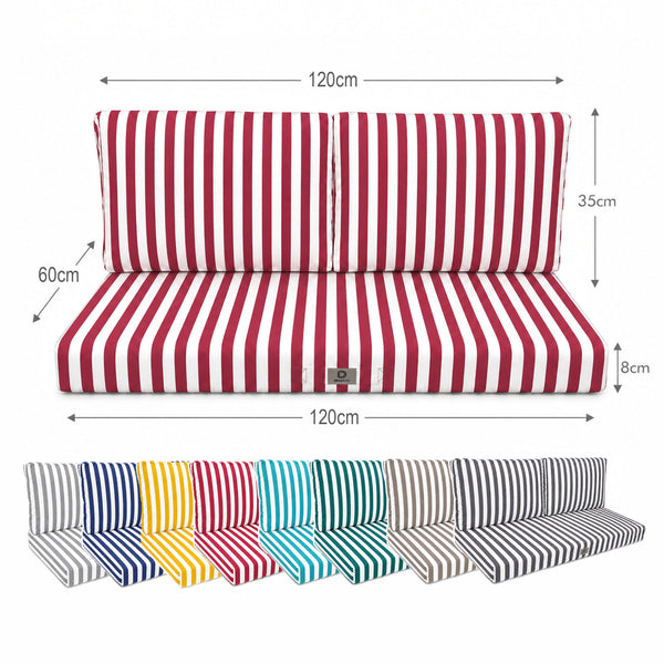 Ensemble Coussins Salon Jardin 120x60 Rayure Rouge - Premium 270g (1 Assise + 2 Dossiers)