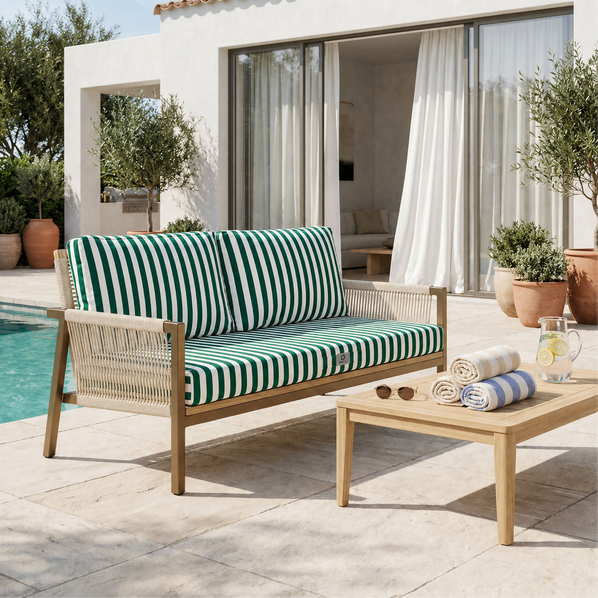 Conjunto de Cojines para Salón de Jardín 100x50 Rayas Verde – Premium 270g (1 Asiento + 2 Respaldos)
