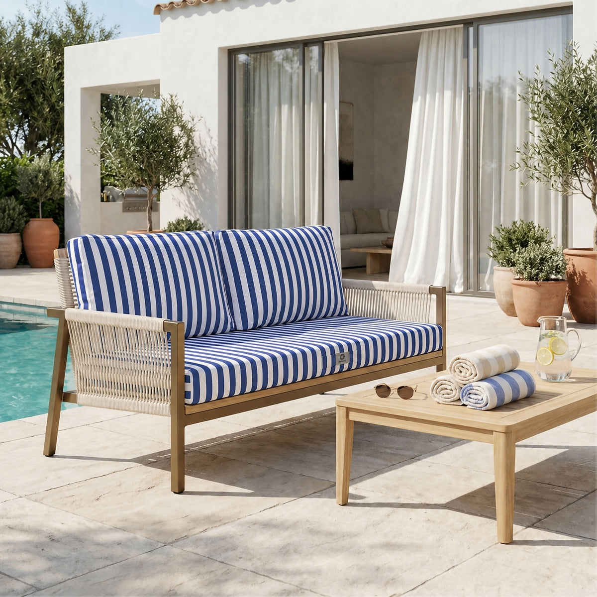 Conjunto de Cojines para Salón de Jardín 100x50 Rayas Azul Marino – Premium 270g (1 Asiento + 2 Respaldos)