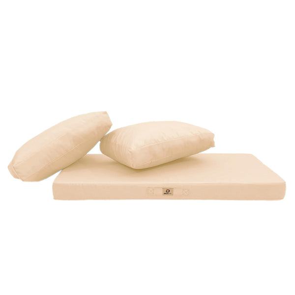 Ensemble de coussins de salon de jardin beige 100x50cm, déhoussables et anti-UV pour fauteuils et canapés.