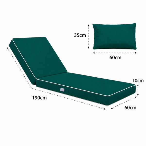 Colchoneta Premium para Tumbona 190x60 Verde Esmeralda - Grueso 10cm & Reposacabezas (Funda Extraíble)