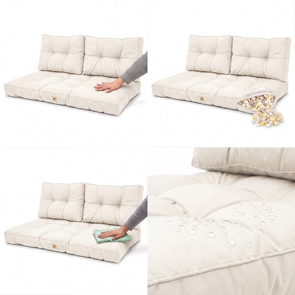 Ensemble coussins capitonné banquette Blanc Cassé : assise moelleuse, garnissage, nettoyage facile et tissu déperlant