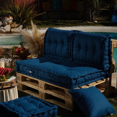 Kit coussins palette Europe Deco Arts, bleu pétrole, 120x80 cm, assise épaisse 20 cm avec dossiers pour fauteuils et canapés.