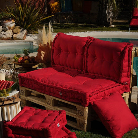 Kit de Cojines para Palé Europeo 120x80 Rojo Pimiento - Asiento XXL Grueso 20cm (1 Asiento + 2 Respaldos)