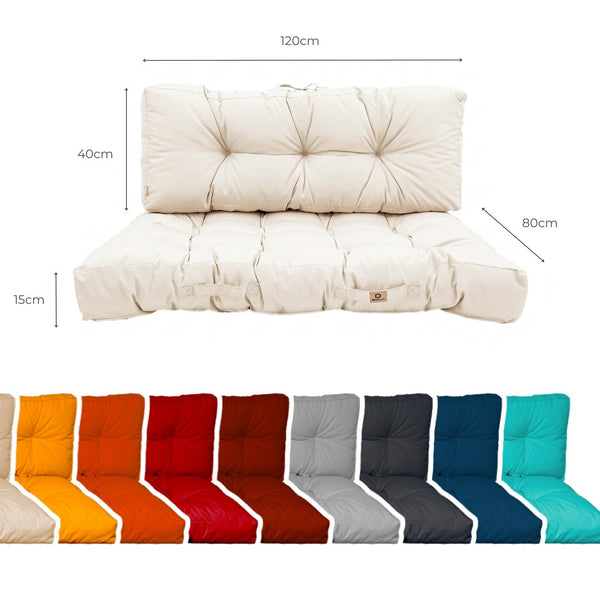 Dimensions des coussins palette : assise 120 x 80 cm, épaisseur 15 cm, dossier 120 x 40 cm, avec les coloris disponibles